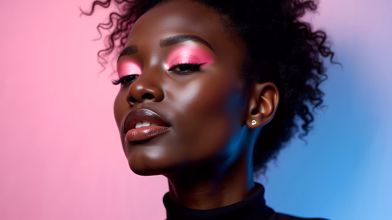 Vibrant pink eyeshadow portrait with dramatic lighting and gradient background.