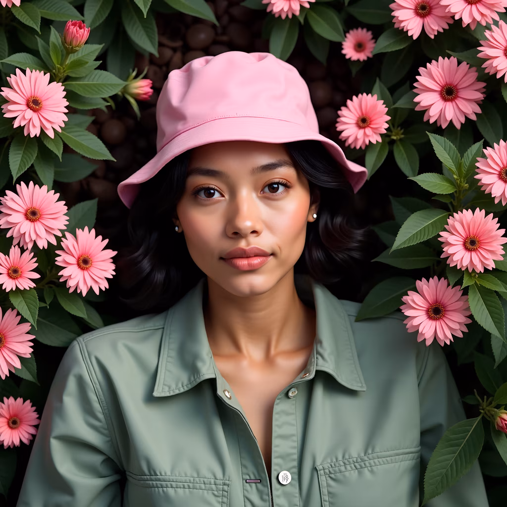 Close-up portrait of a person in a pink hat amidst pink flowers and greenery.