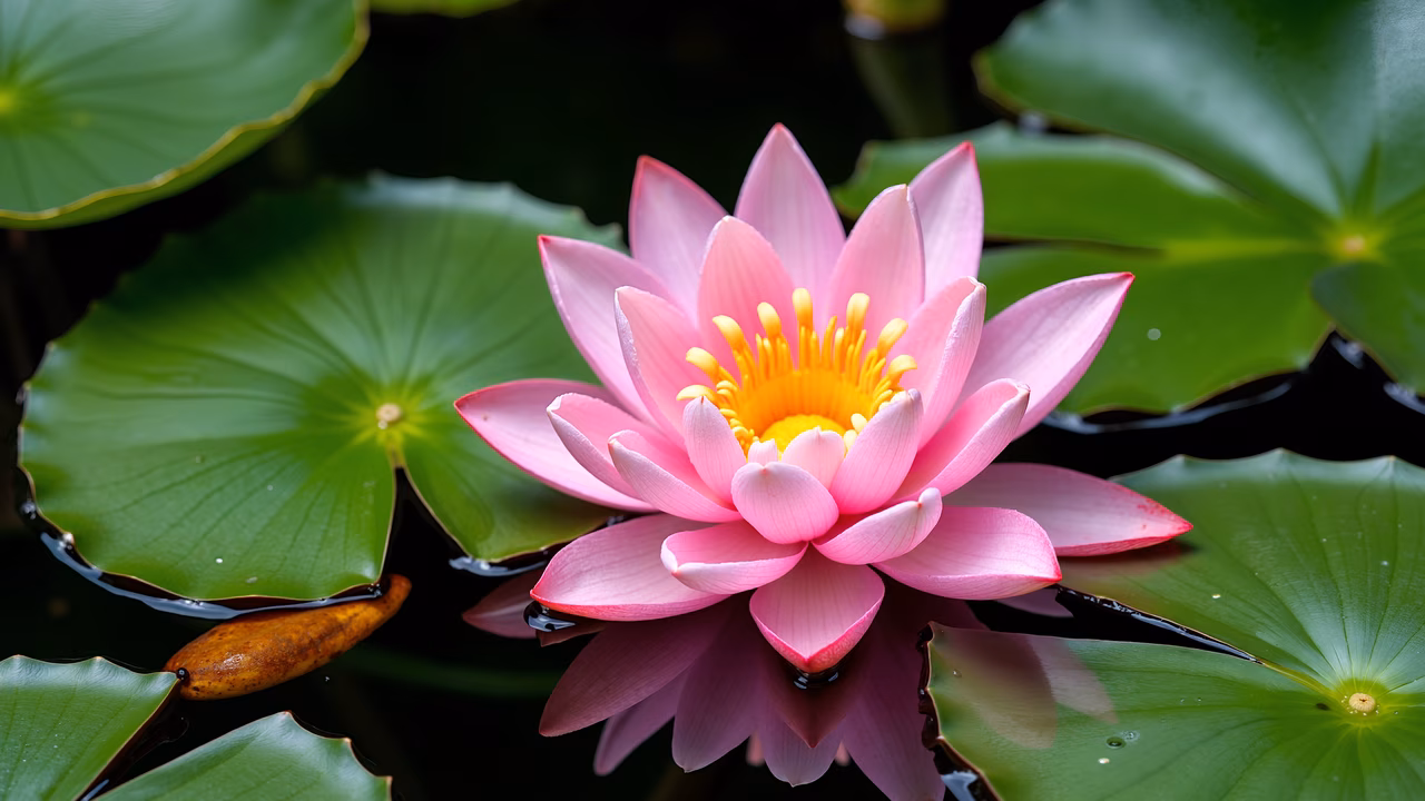 Vibrant pink lotus flower amidst green lily pads, capturing natural beauty.
