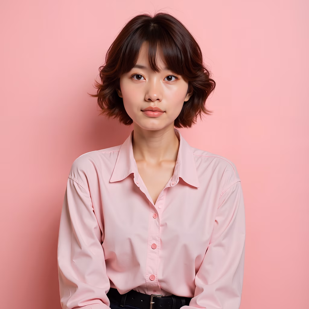 Close-up portrait of a person in a light pink shirt against a pink background, emphasizing fashion and simplicity.