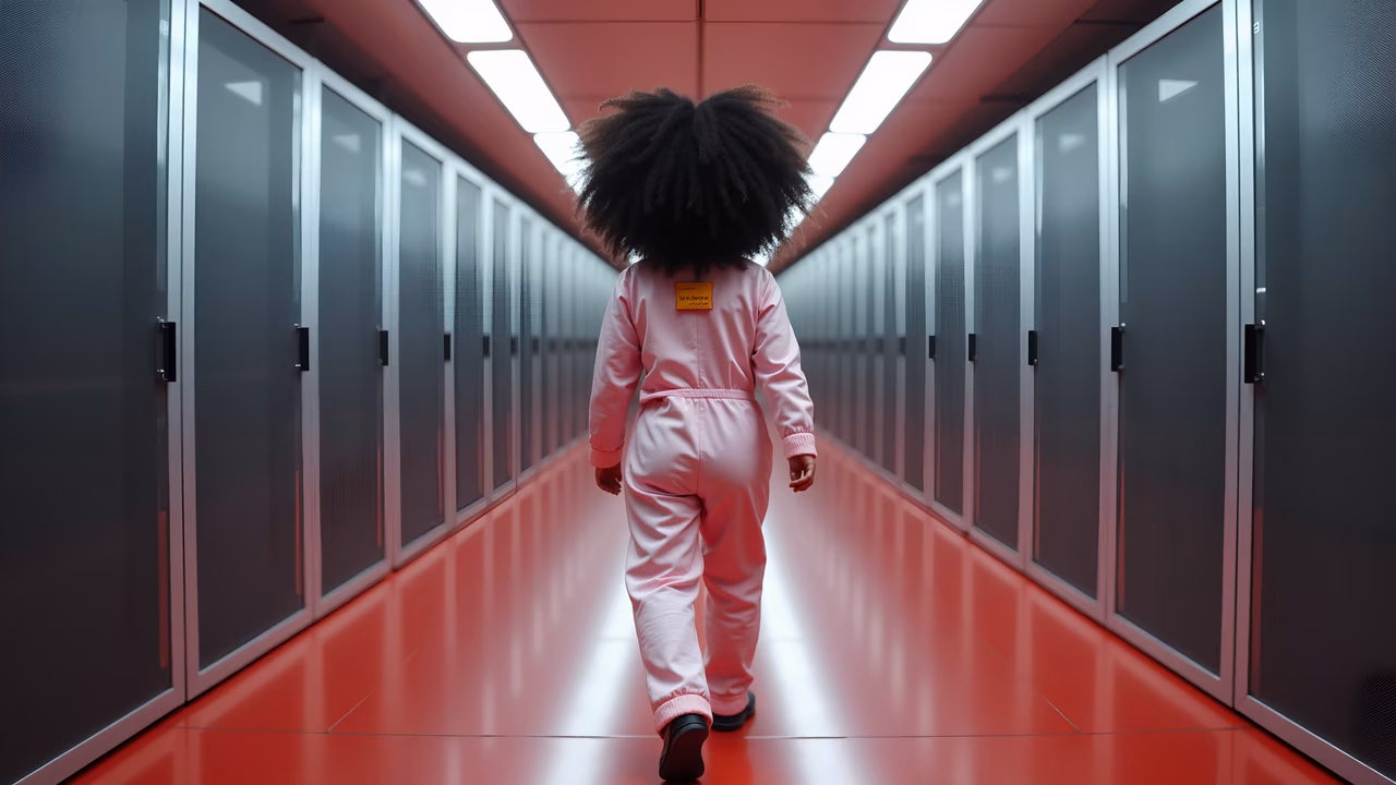 A lone figure in a pink suit navigating a red-lit corridor.