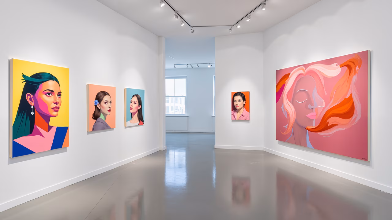 Vibrant pop art portraits in a contemporary gallery setting.