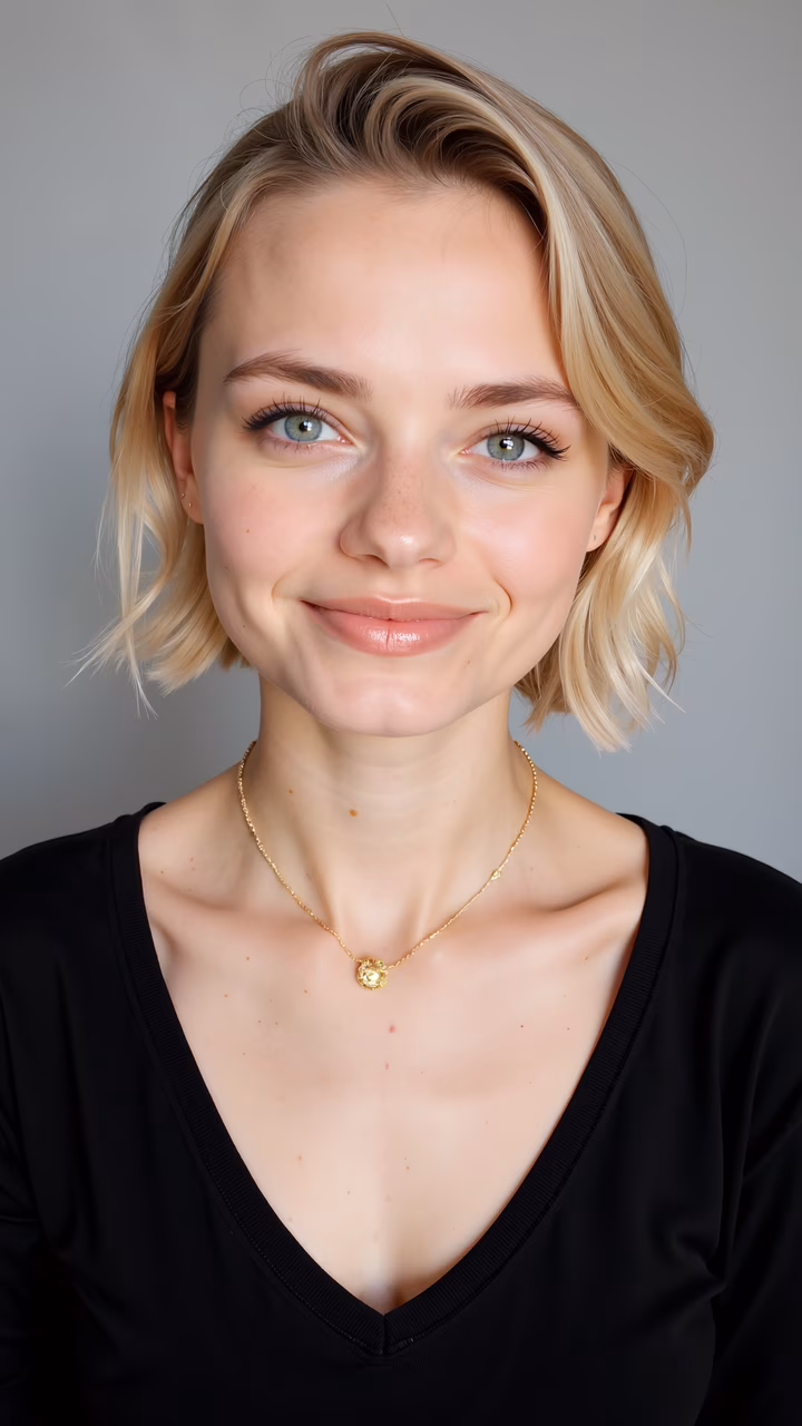 Close-up portrait of a smiling woman with blonde hair and freckles, wearing a black top and gold necklace.
