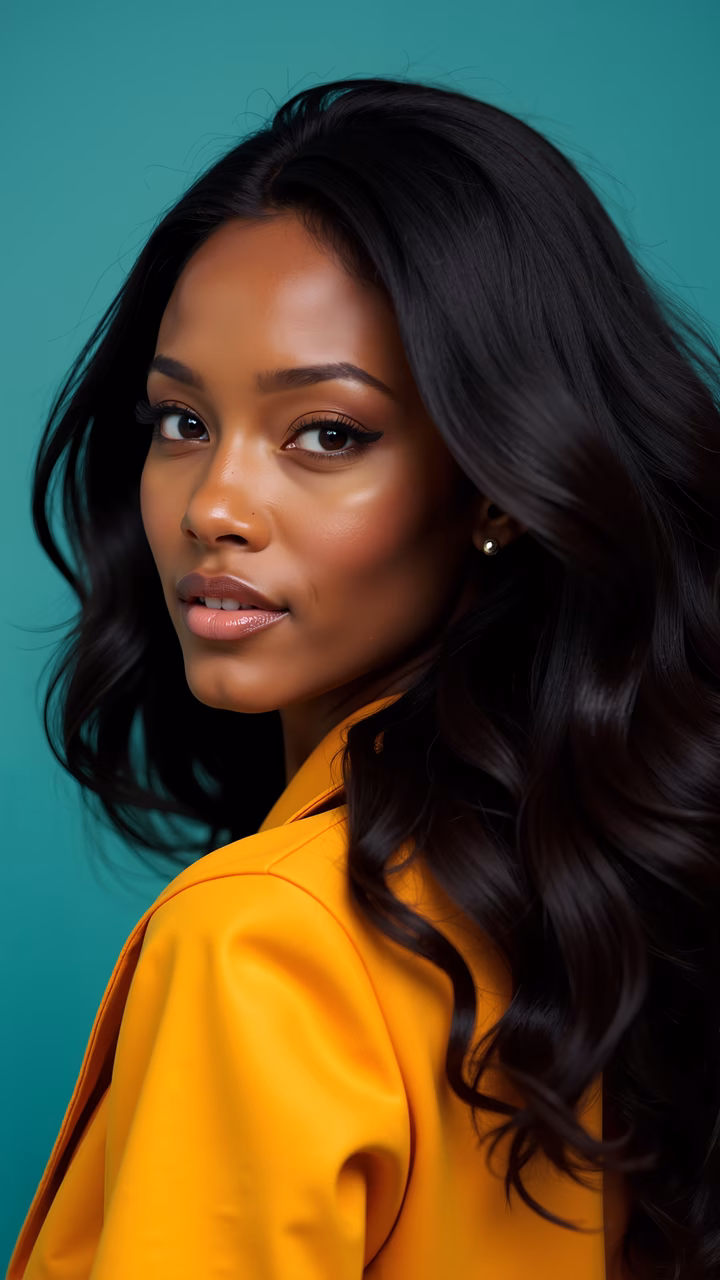 Close-up portrait of a woman in a yellow blouse against a teal background.