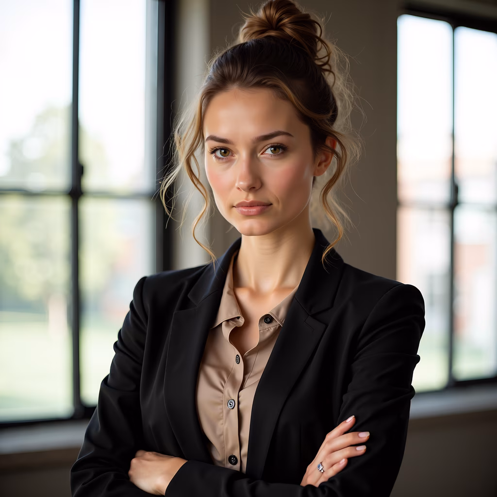 Professional portrait of a woman in a modern office setting.