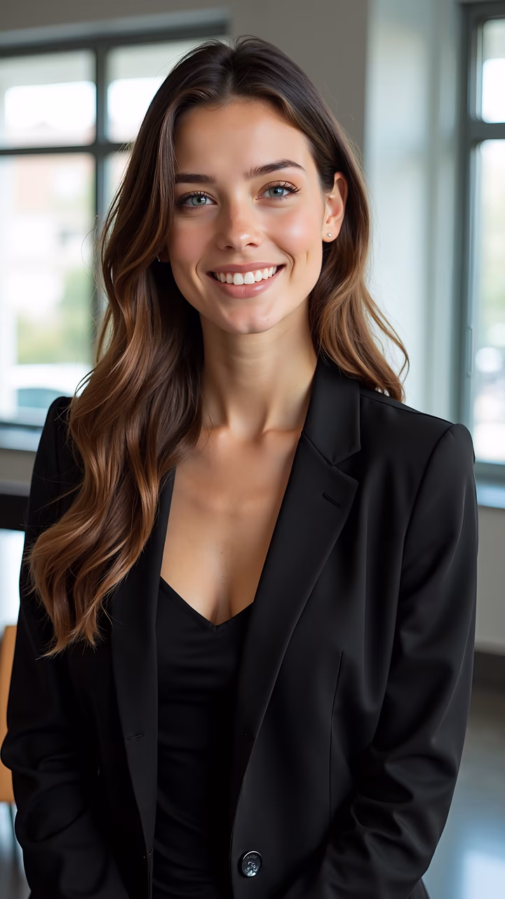 Confident professional portrait with natural light and sleek attire.