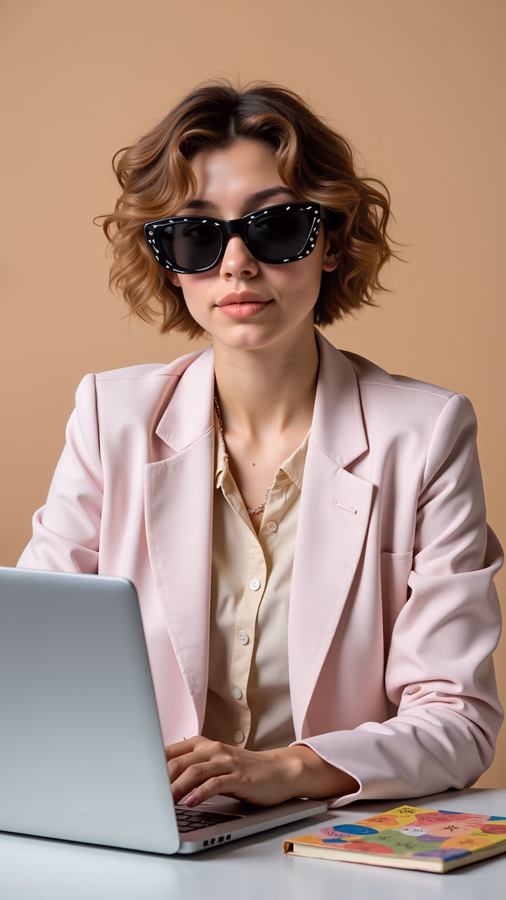 Confident professional woman in stylish pink suit, studio portrait.