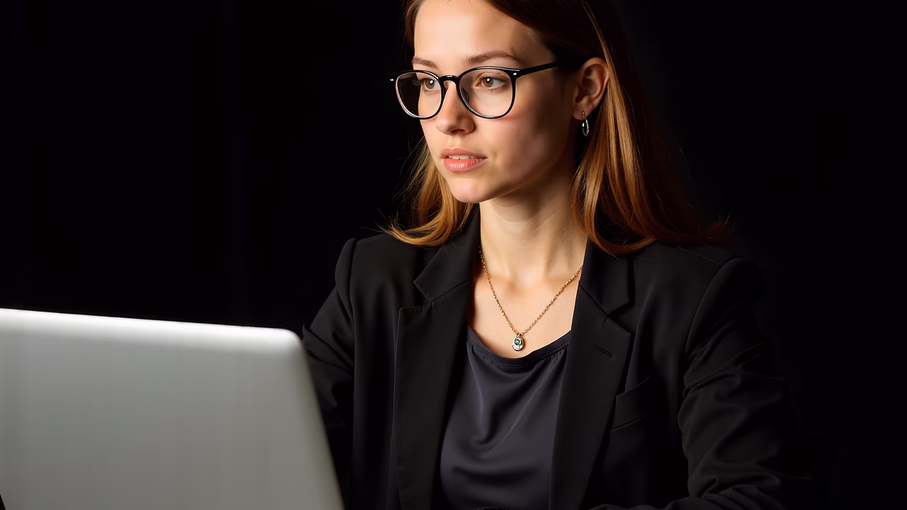 Focused professional woman working on laptop in a dark setting.