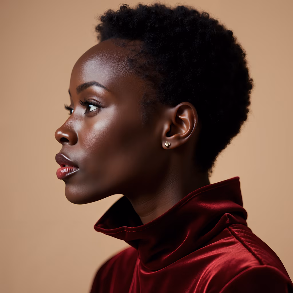Close-up profile portrait of a woman with bold red lips and sleek black afro, wearing a red top, set against a neutral beige background.