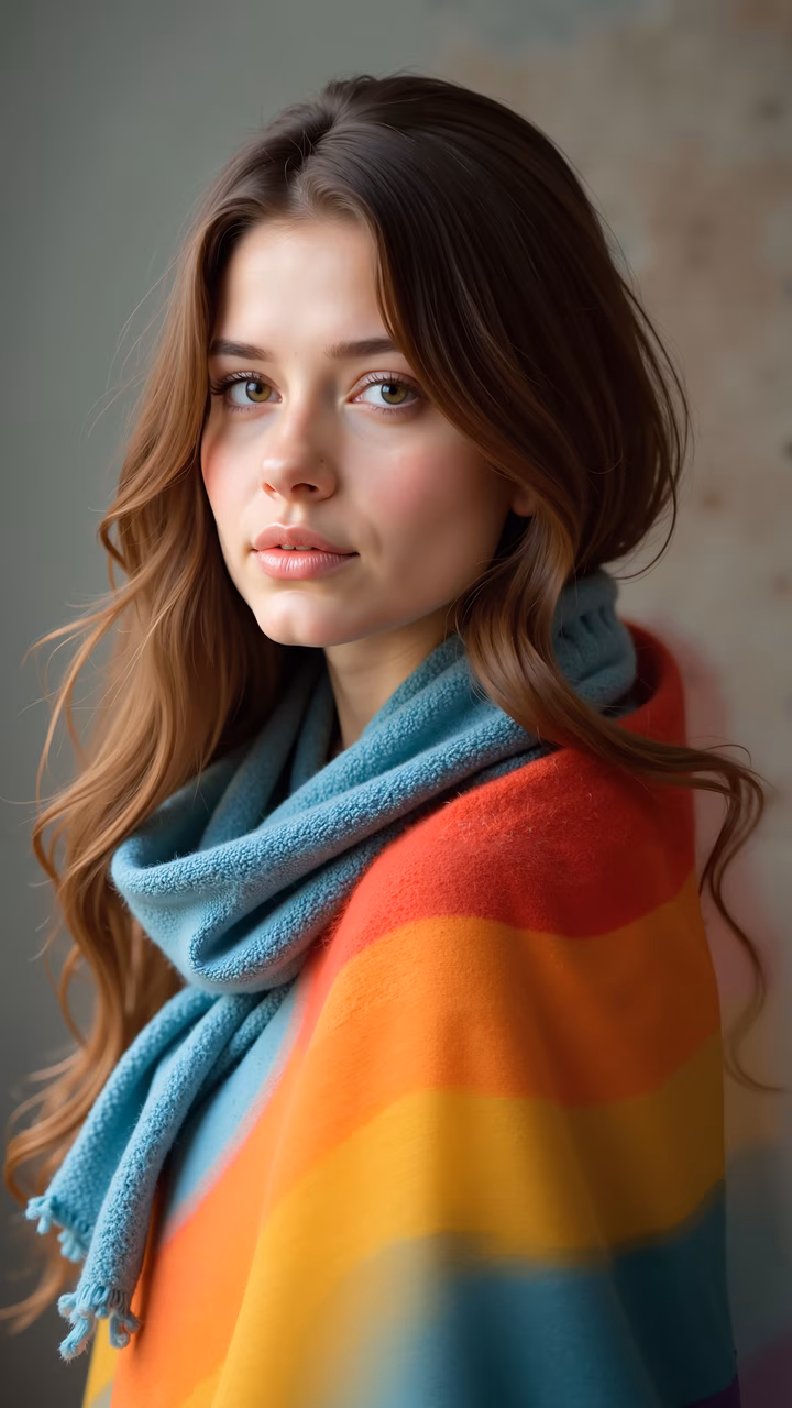Close-up portrait of someone wearing a colorful rainbow scarf, showcasing fashion and natural lighting.