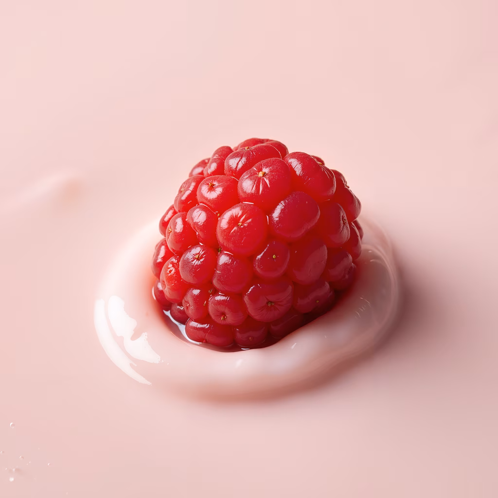 Close-up of raspberries in pink sauce on a soft pink background.