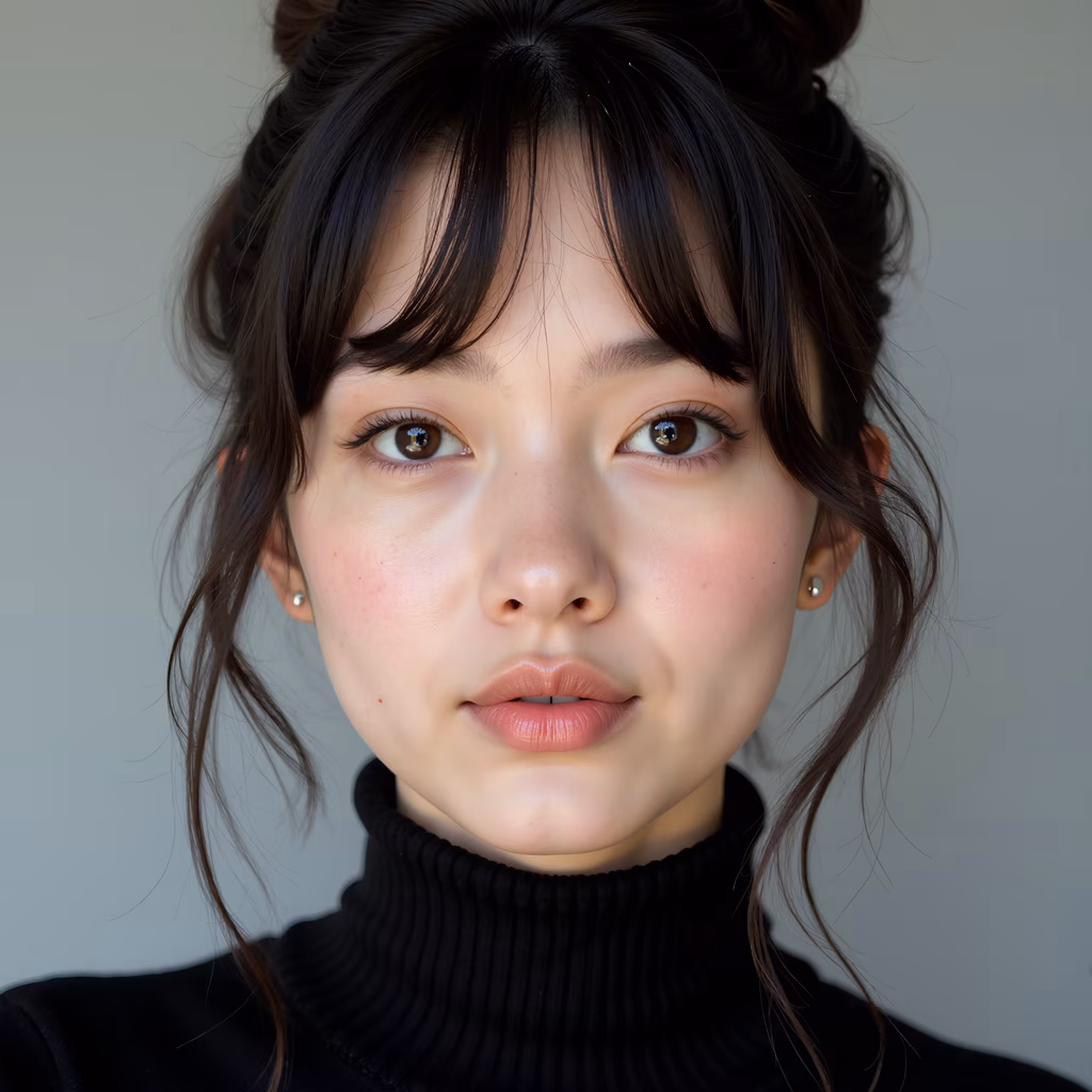 Close-up portrait of a serene individual with natural beauty and soft lighting.