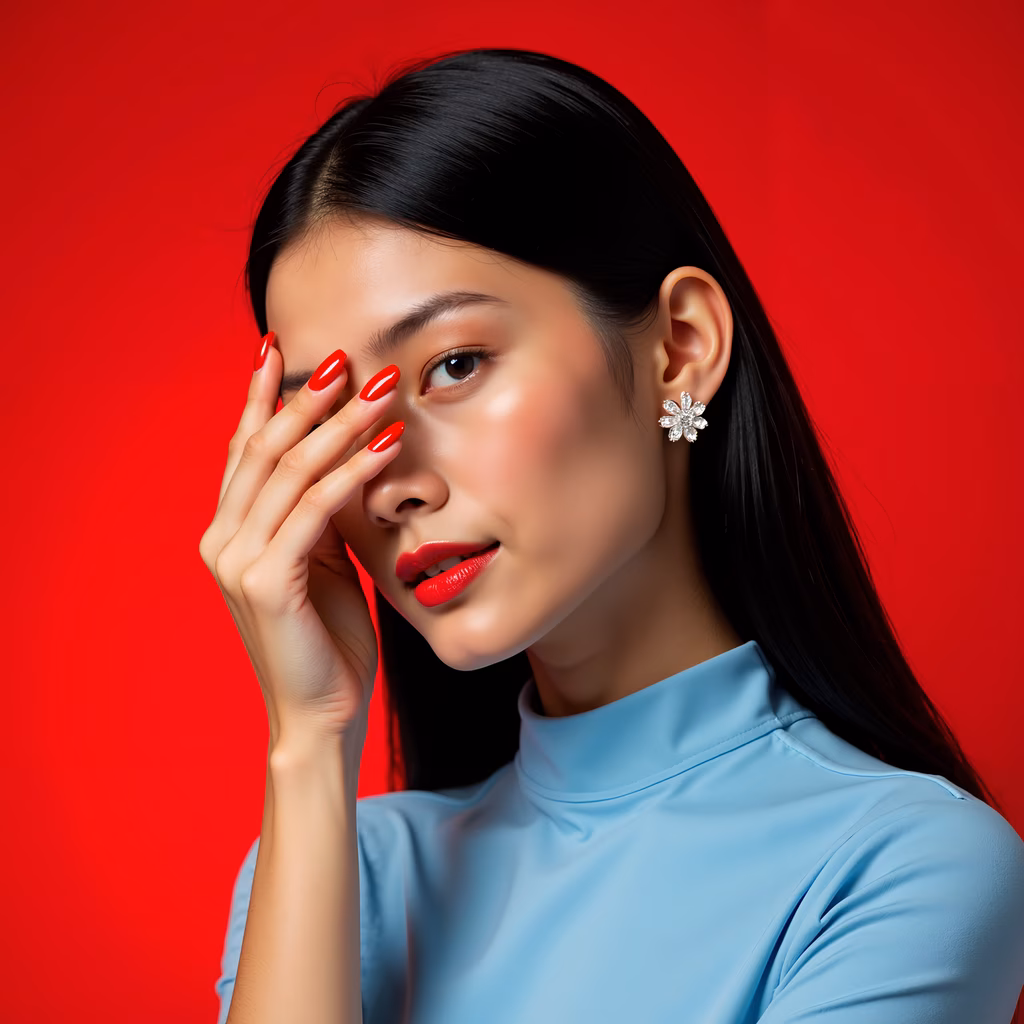 Elegant woman with red nails and lipstick, set against a vibrant red background.
