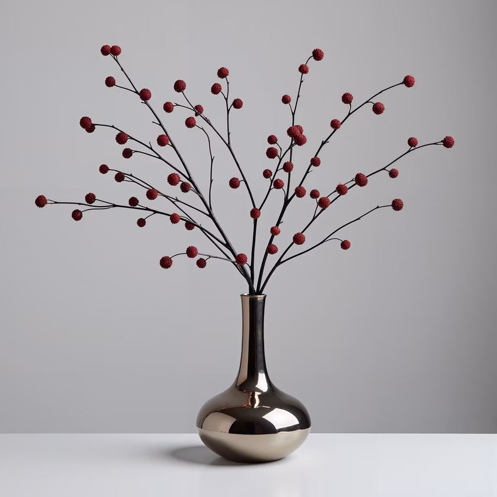 Minimalist still life with red berries in a silver vase against a neutral backdrop.