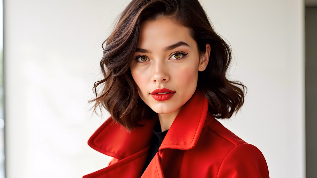 Close-up portrait of a woman in a red coat, showcasing bold fashion and natural lighting.