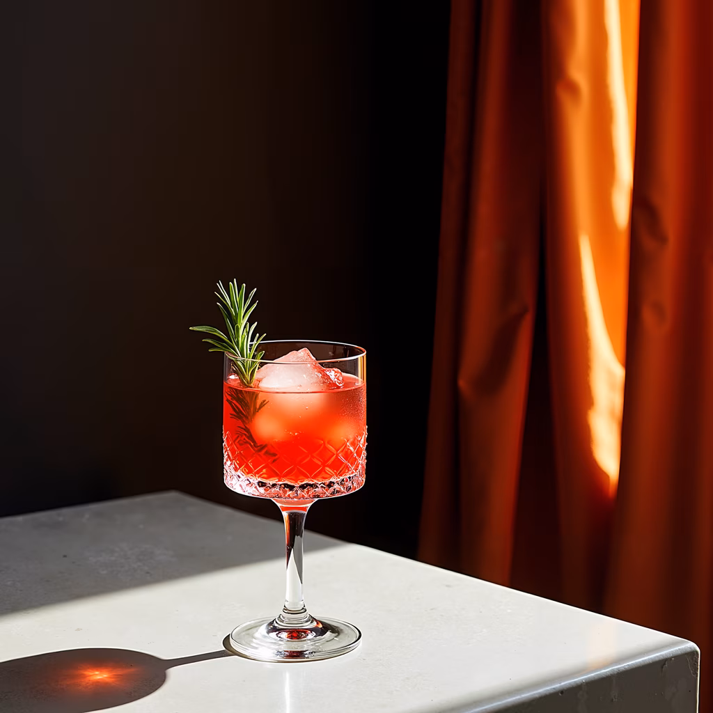 Elegant red cocktail garnished with rosemary, set against warm orange curtains.