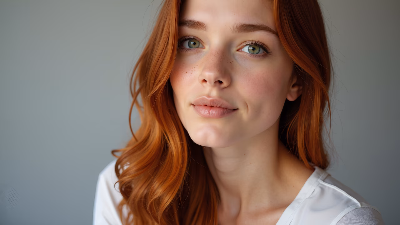Close-up portrait of a red-haired individual with natural lighting and soft tones.
