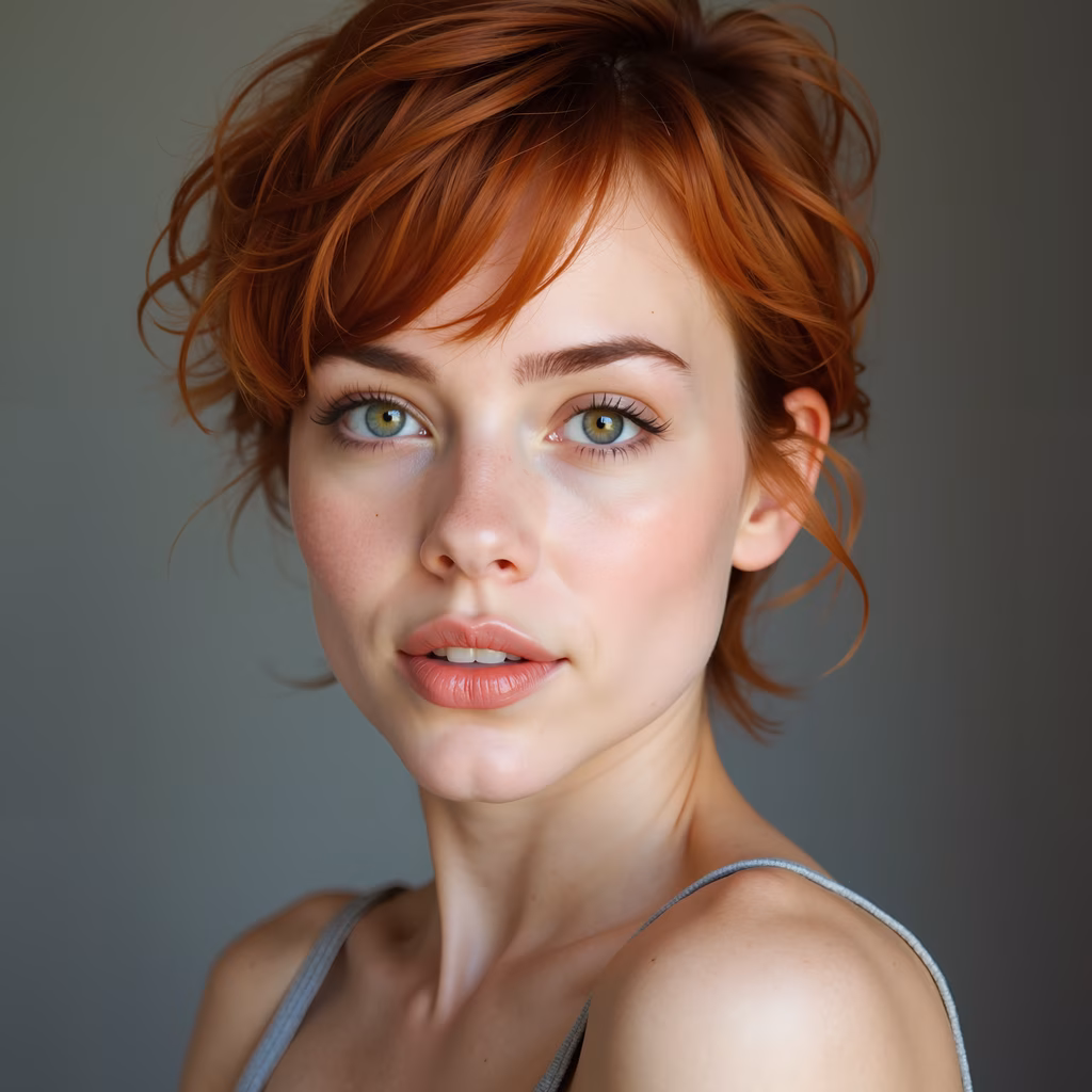 Close-up portrait of red-haired individual with soft lighting and neutral background.