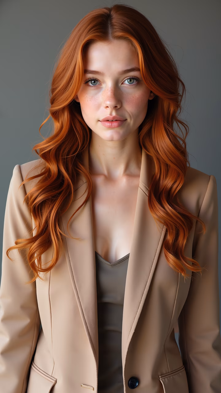 A captivating portrait of a woman with red hair and a beige blazer, set against a neutral backdrop.