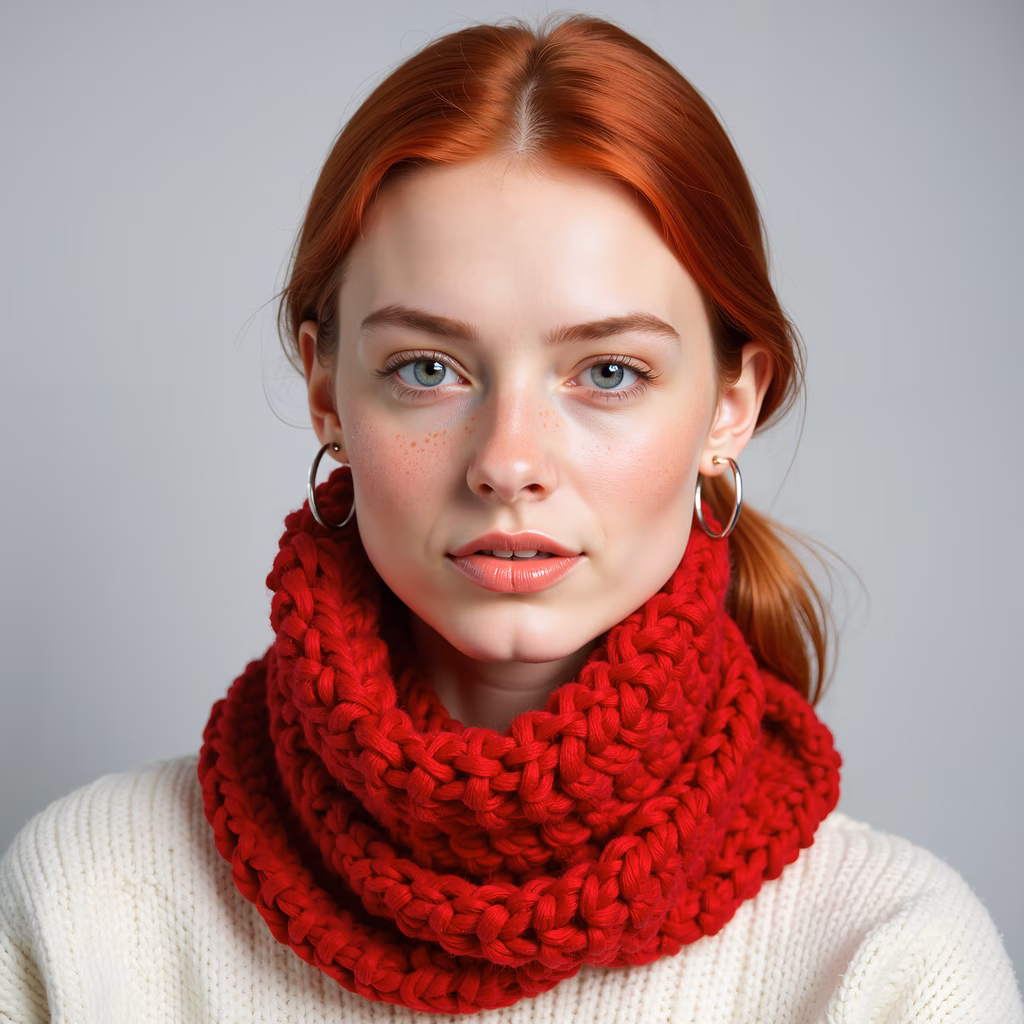 Close-up portrait of a person wearing a red knitted scarf and white sweater, set against a neutral gray background.