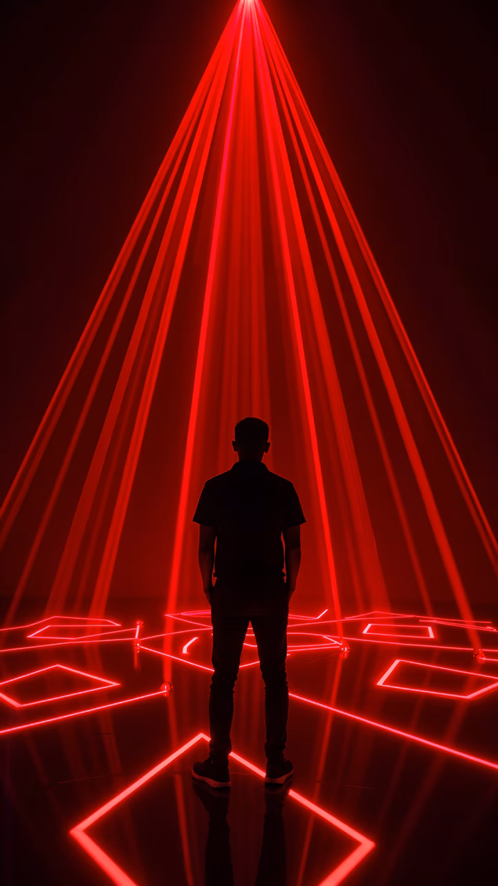 Silhouette of a person amidst red laser beams, evoking mystery and drama.
