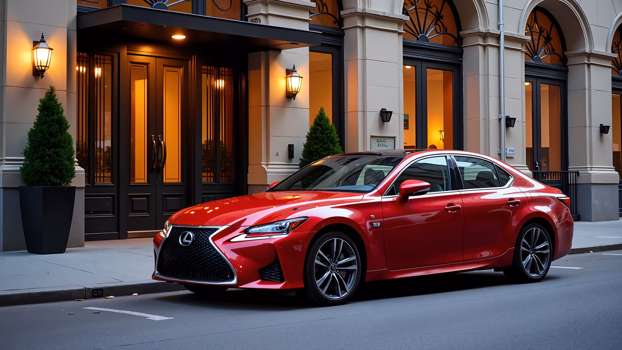 Elegant red Lexus sedan parked in front of a classic building at dusk.