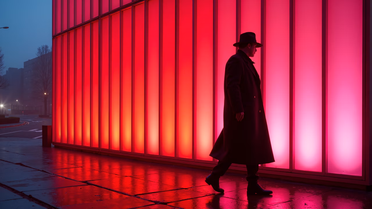 A solitary figure in a dark coat against a vivid red-lit wall in an urban setting.