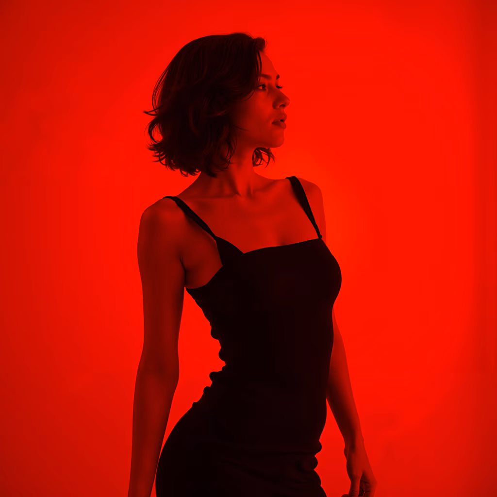 Monochromatic red portrait with dramatic lighting and minimalism.