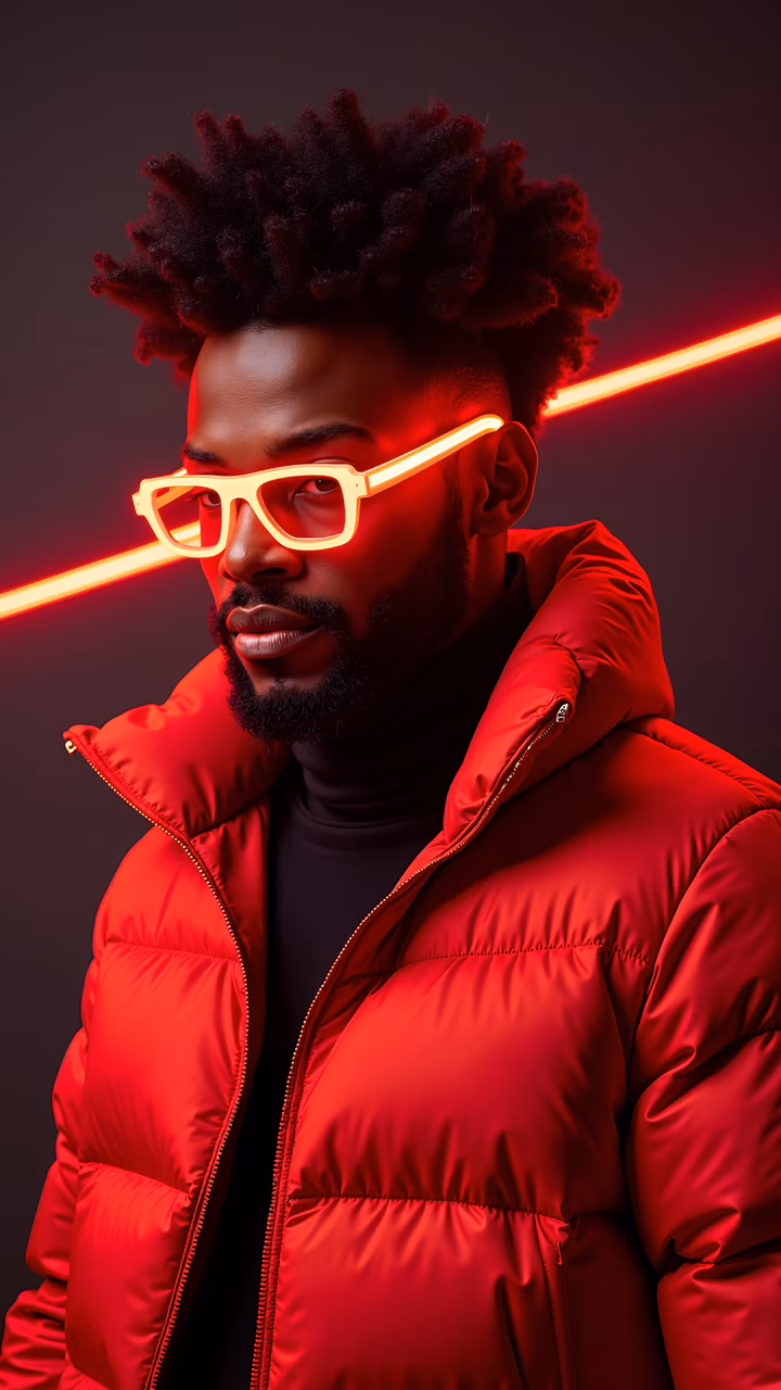 Bold red neon fashion portrait with dramatic lighting and stylish subject.