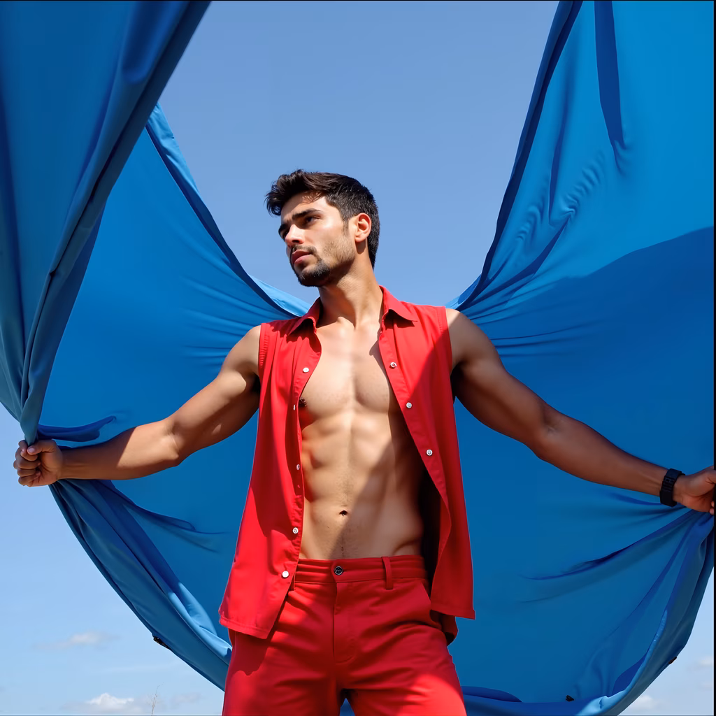 Bold red outfit paired with flowing blue drapes under a sunny sky.