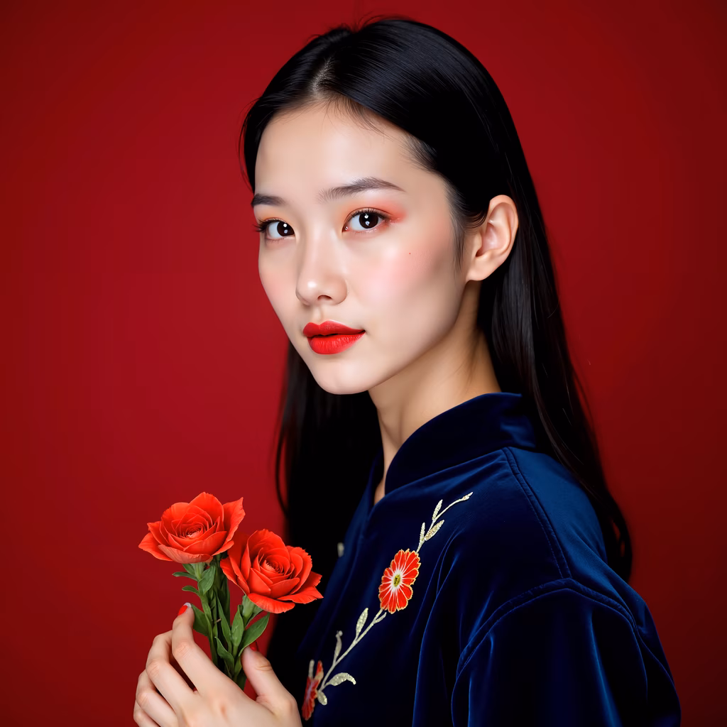 Bold red roses and deep blue velvet create a dramatic fashion portrait.