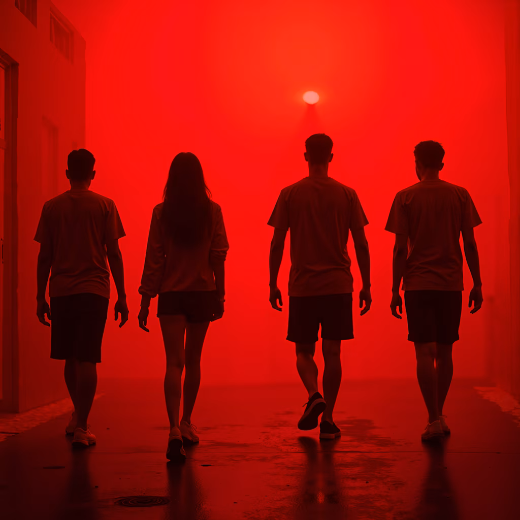 Silhouettes of four people walking into a red-lit alleyway, creating a mysterious and suspenseful atmosphere.