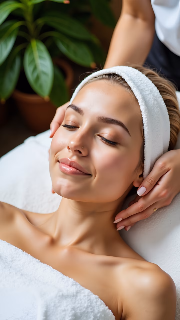 A peaceful facial massage session with soft lighting and natural surroundings.