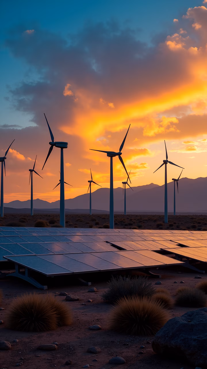 Silhouetted wind turbines and solar panels against a colorful sunset sky, symbolizing renewable energy.
