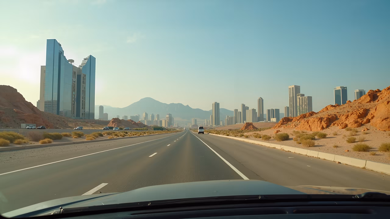 Urban highway journey through Las Vegas under a clear blue sky.