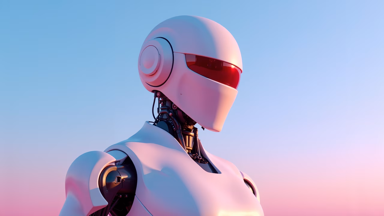 A futuristic robot with a sleek design and red visor set against a gradient sky.