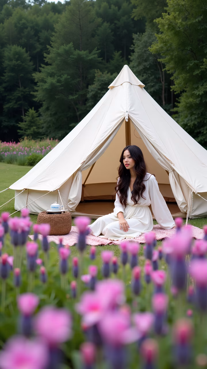 Romantic glamping tent in a tranquil floral setting