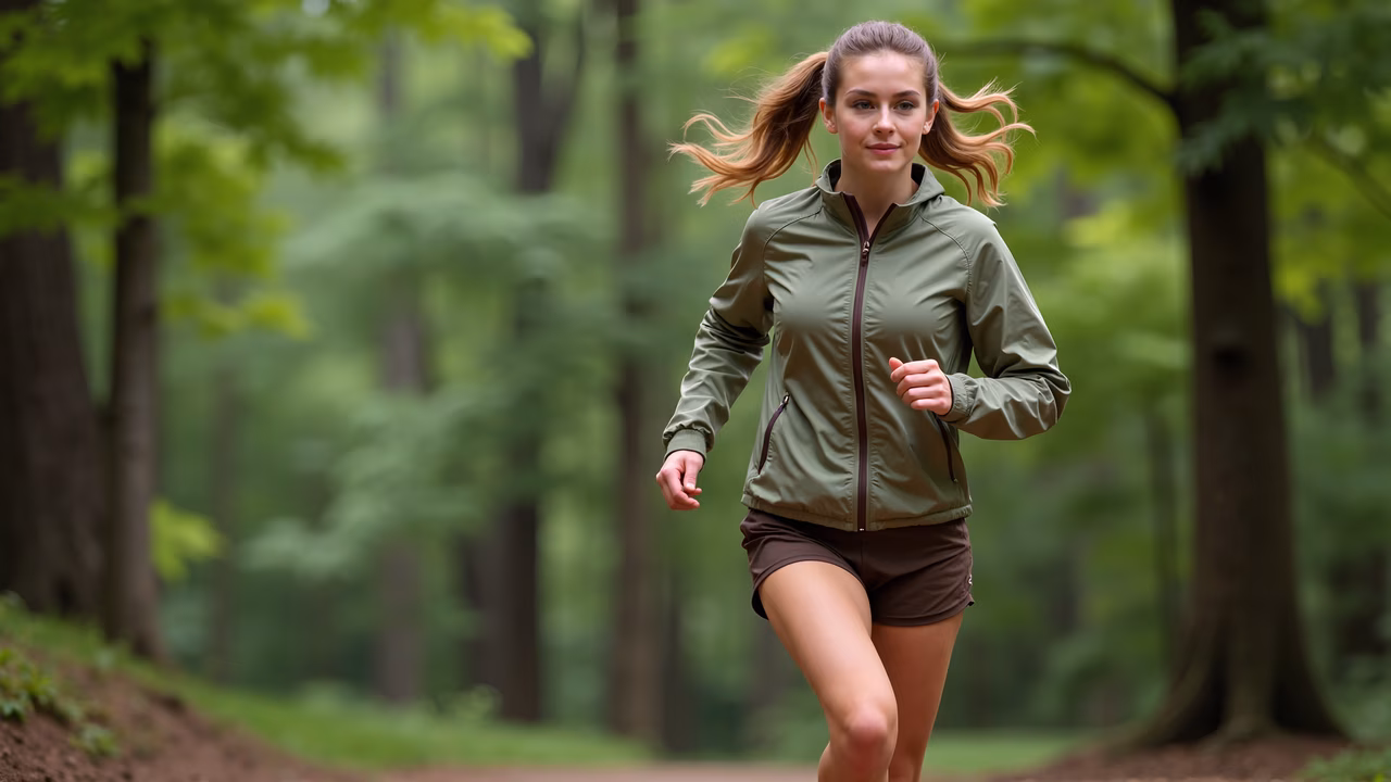 Dynamic shot of a woman jogging in a vibrant forest setting.