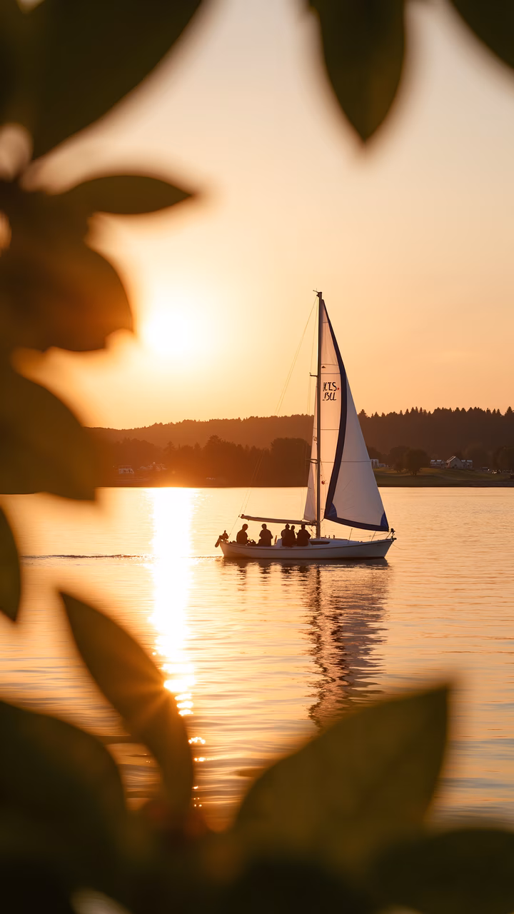 A sailboat on a serene lake at sunset, framed by green foliage.
