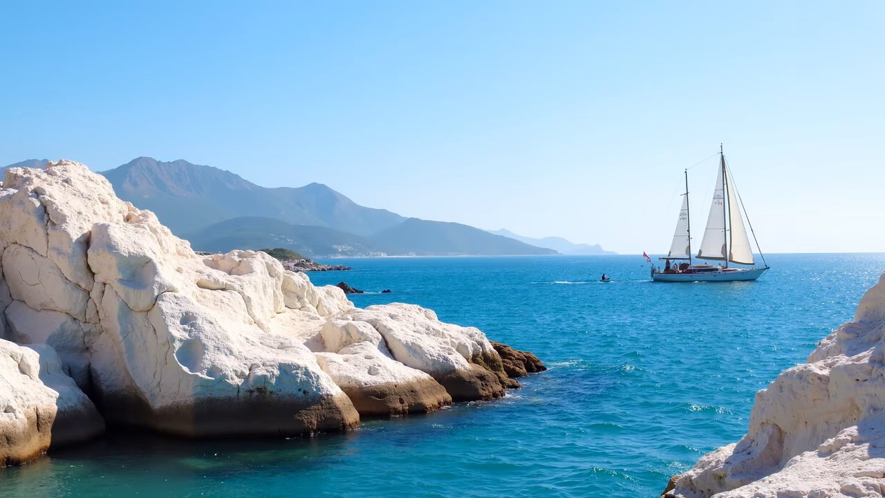 Sailboat navigating tranquil turquoise waters amidst dramatic limestone cliffs and distant mountains.