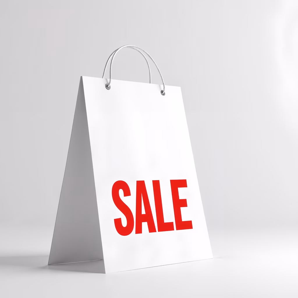Minimalist illustration of a sale shopping bag with bold red lettering on a white bag.