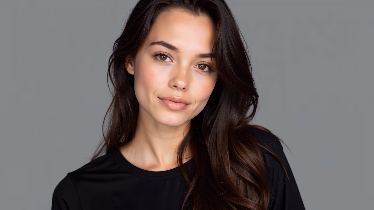 Close-up portrait of a person with long dark hair against a neutral gray background.