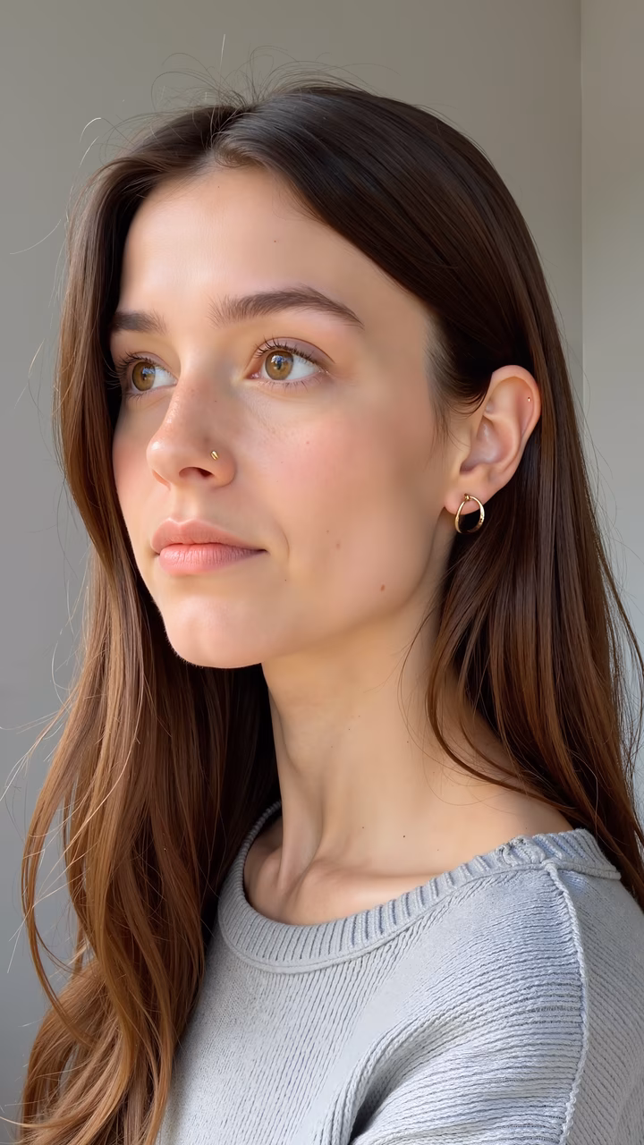 Close-up portrait of a young woman with wavy brown hair, wearing a gray sweater, exuding serenity and introspection.
