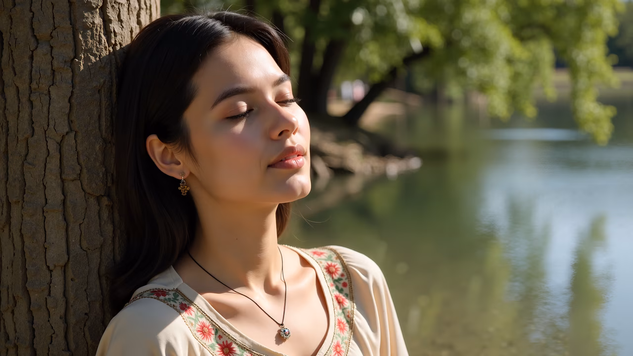 Close-up portrait of a serene individual by a lake, leaning against a tree trunk, wearing traditional attire.