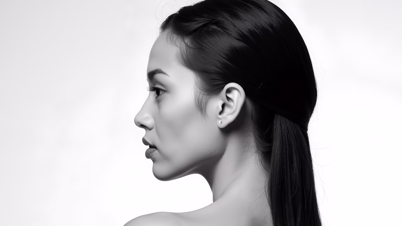 Black-and-white side profile portrait of a woman with a ponytail, minimalistic and serene.