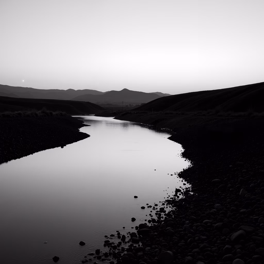 A black-and-white photo of a serene stream reflecting the tranquil landscape under a hazy sky.