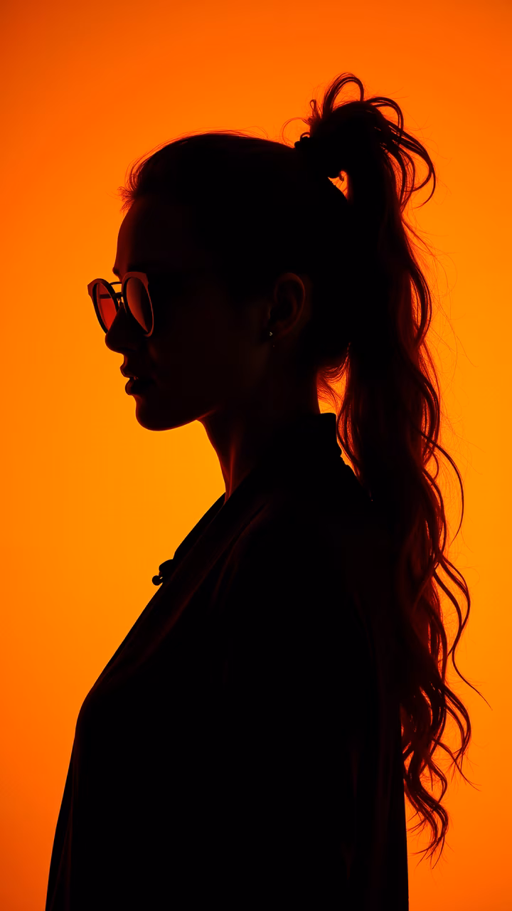 Bold silhouette portrait with vibrant orange background and modern accessories.