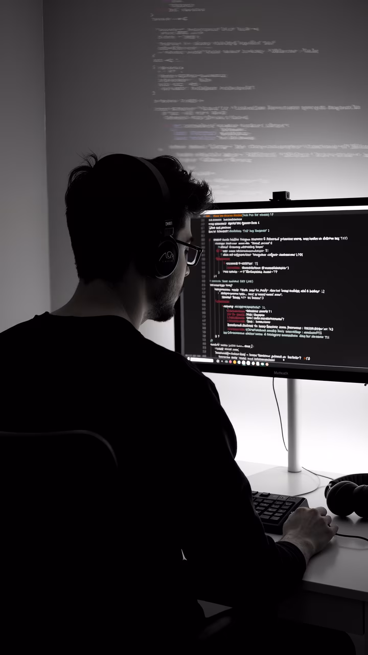 Silhouette of a programmer coding in a monochrome setting.