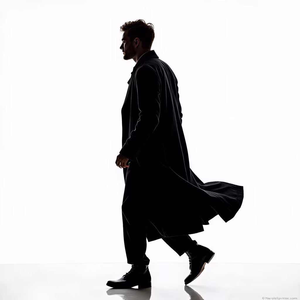 Dramatic silhouette of a man walking elegantly against a white background.