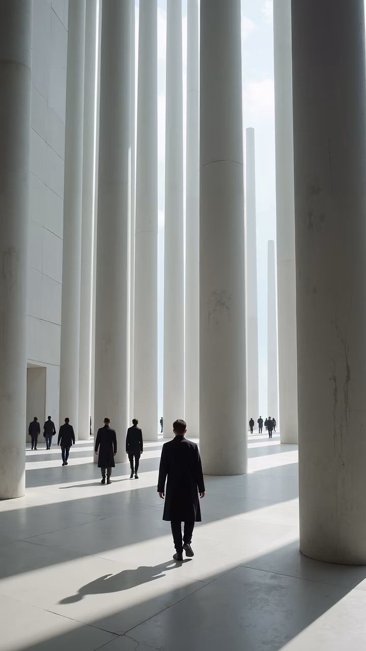 Silhouettes of people walking among tall white columns in a modern architectural setting, bathed in natural light.